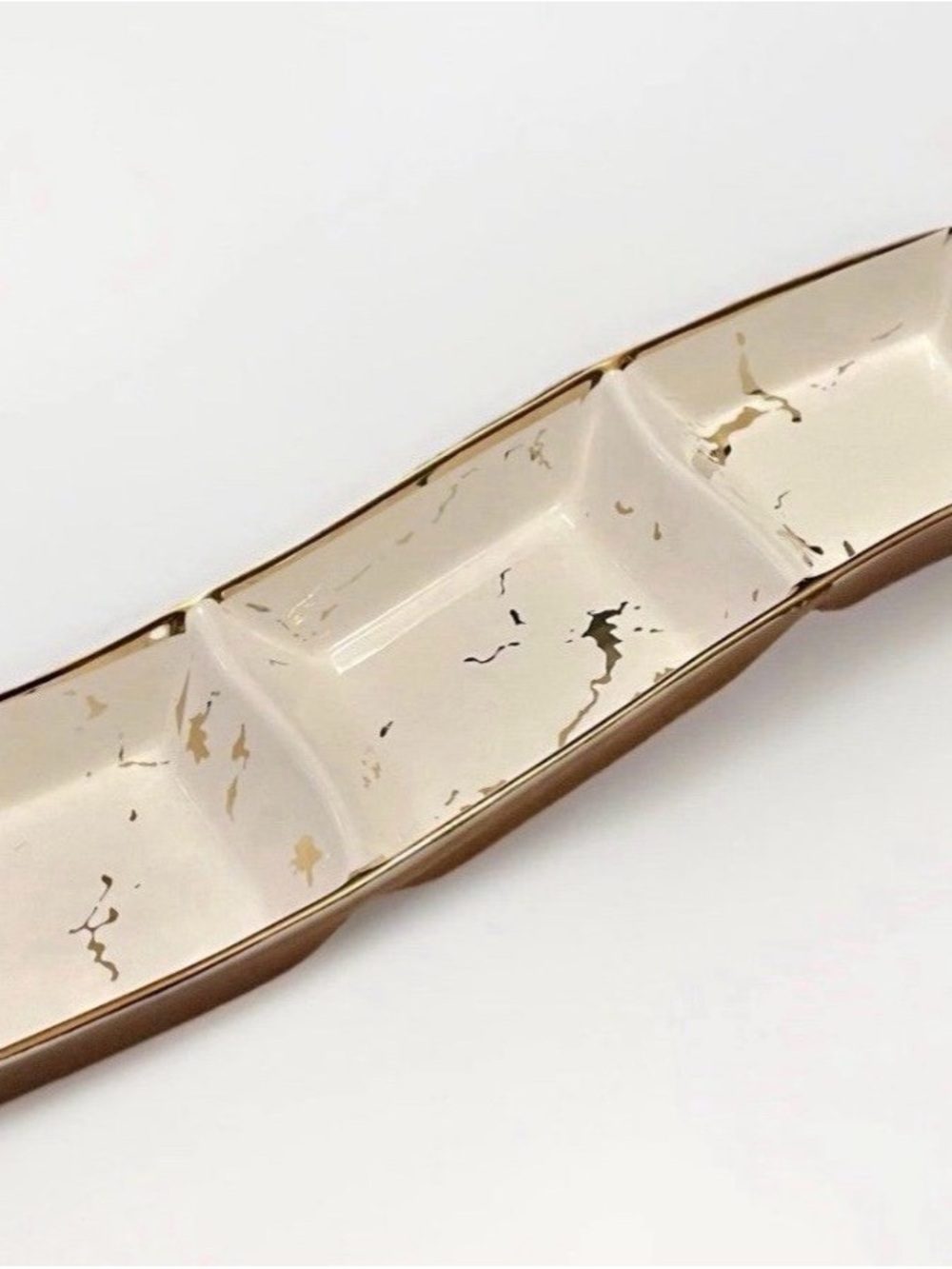 Three-Compartment Serving Tray in White & Gold Marbled Accents